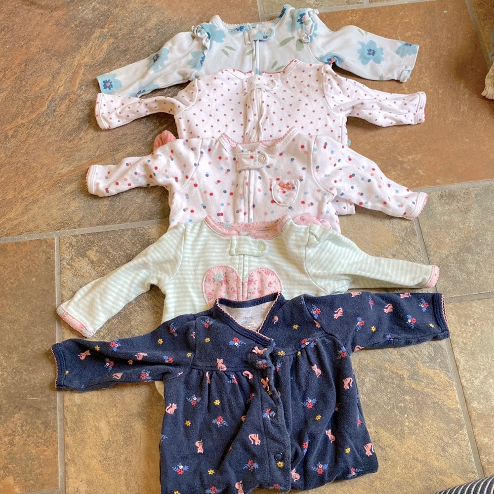 Five girls carters footed sleepers / pajamas - size 3 months